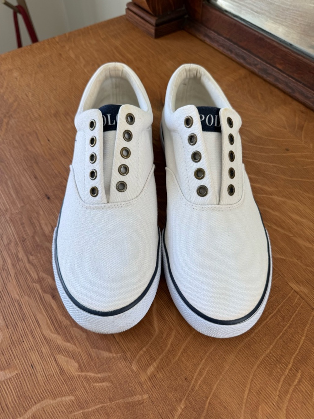 Polo by Ralph Lauren Fabian White Canvas Slip-On Sneakers Eyelet Accents Sz 8